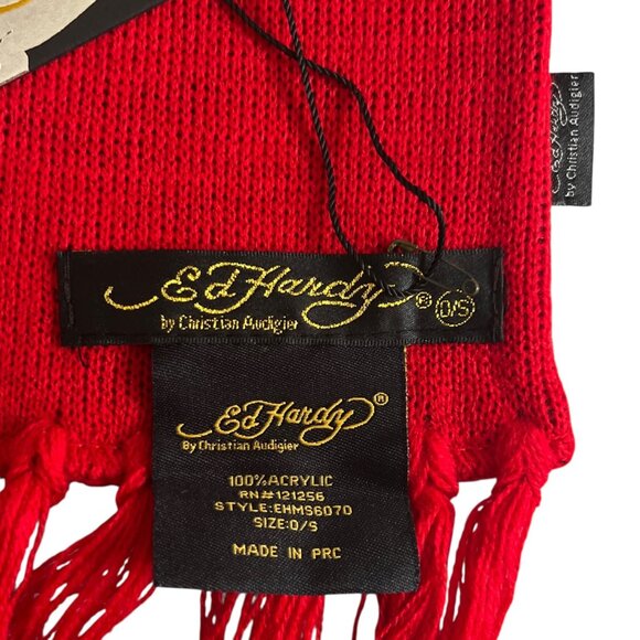 Ed Hardy By Christian Audigier NWT Red Scarf Tiger Designer Fringes Tattoo Logo - Picture 5 of 7